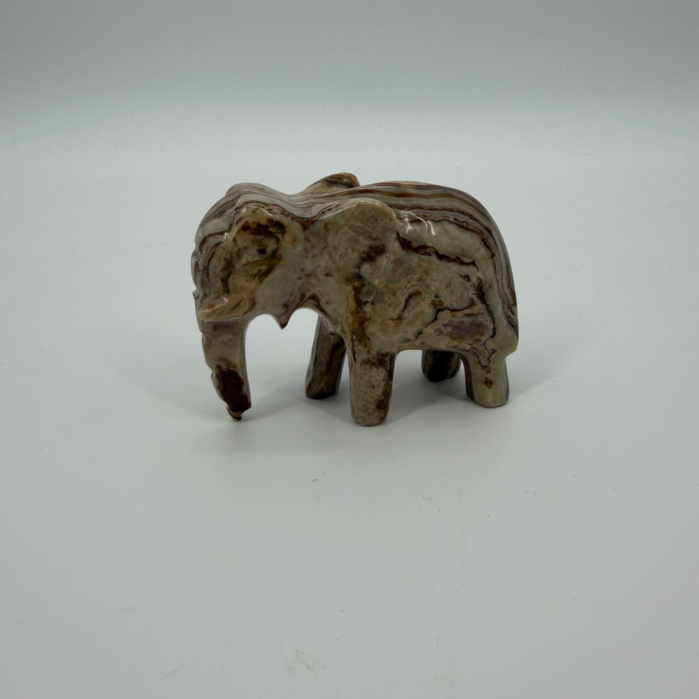 Vintage Banded Onyx Marble Elephant Figurine Hand Carved Stone Sculpture 4.5"